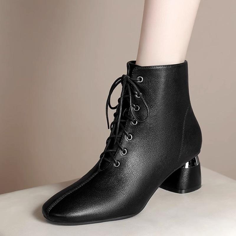 Ботинки Ji на толстом каблуке, женские кожаные туфли со шнуровкой, черные ботинки в стиле ретро на среднем каблуке