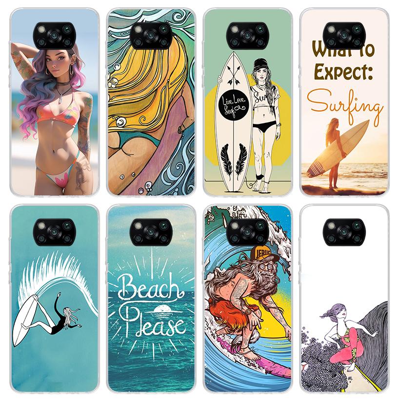Surfboard Surfing Surf Girl Summer Phone Case for Xiaomi Poco F7 Ultra X7 X6 X5 Pro X4 Gt M8 M7 Redmi 15 15C 13 13C 12 12C Soft