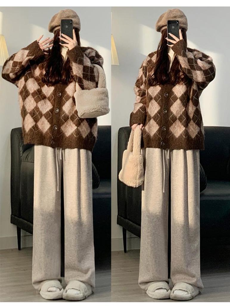 Женские брюки большого размера кофейно-коричневые с широкими штанинами и текстурой липкого риса - Весенне-осенние повседневные длинные брюки свободного кроя