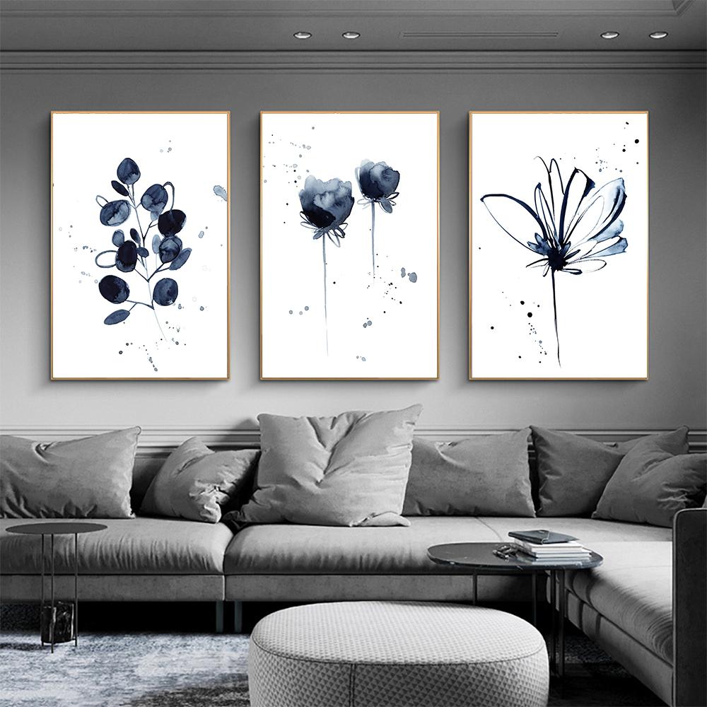 Abstract Watercolor Flower Poster Ink Blue Leaf Canvas Painting Minimalist Art Printing Modern Mural Living Room Decoration