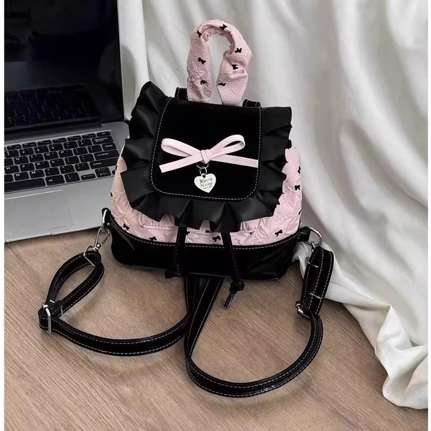 Lolita Black Pink Bow Ruffled Backpack Women Girls Compact Sweet Edgy Commuter Versatile Rucksack Ladies Elegant Mochilas Mujer