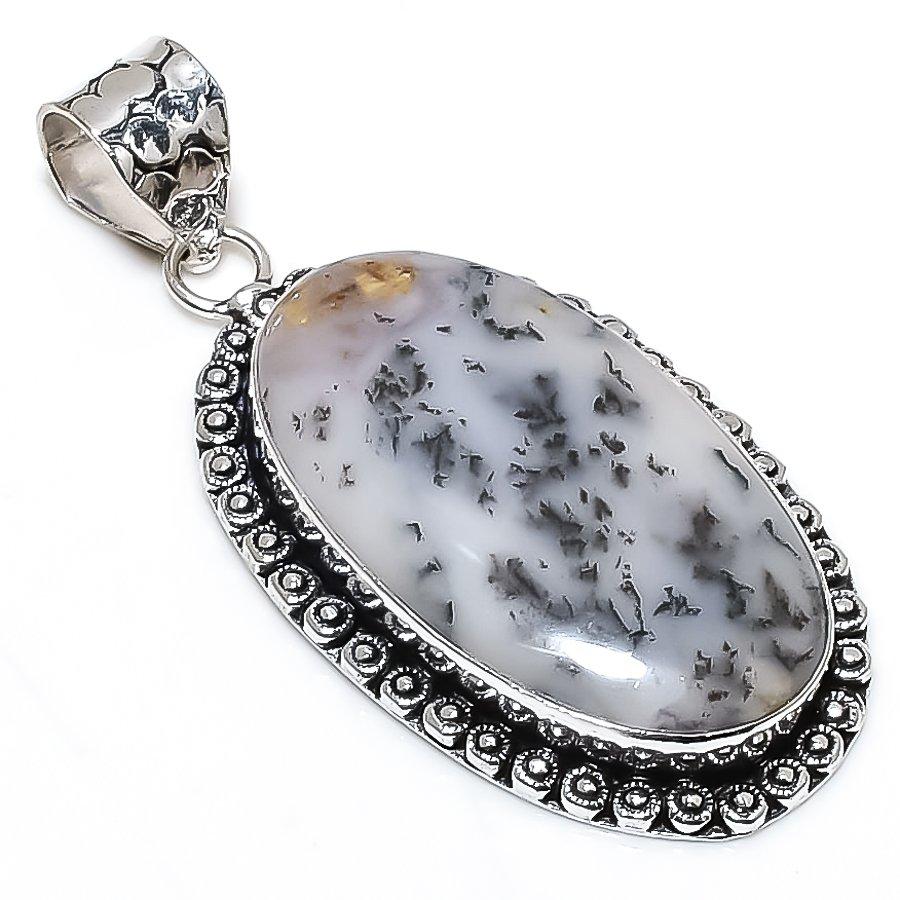 Dendrite Opal Gemstone Handmade 925 Sterling Silver Jewelry Pendant 2.25" SU-10720