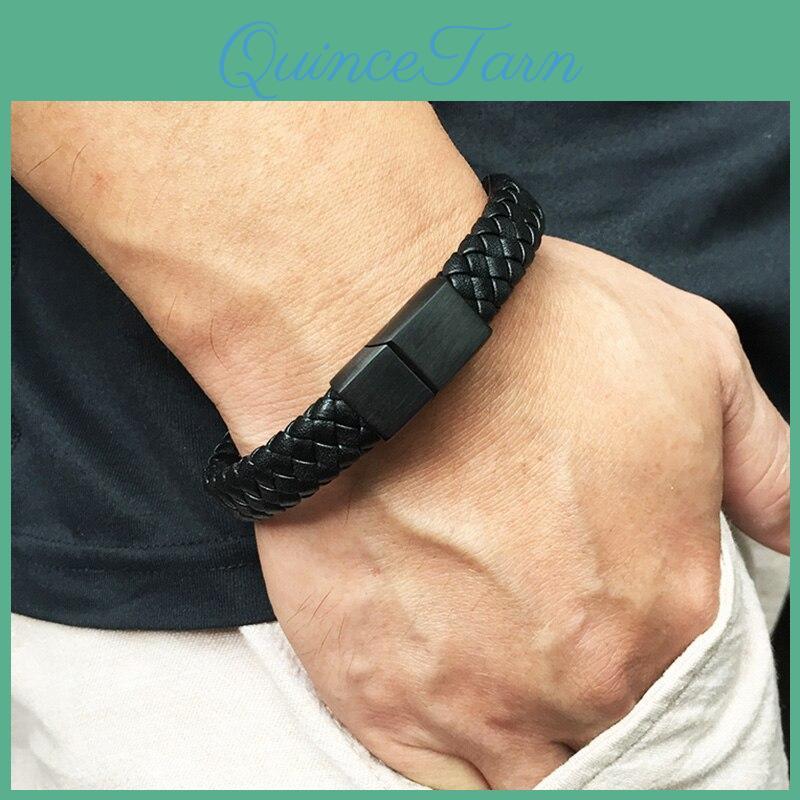 Black Punk Bangles Men Bracelet Brown Leather Bracelet Male Stainless Steel Clasp Fashion Wristband Gift
