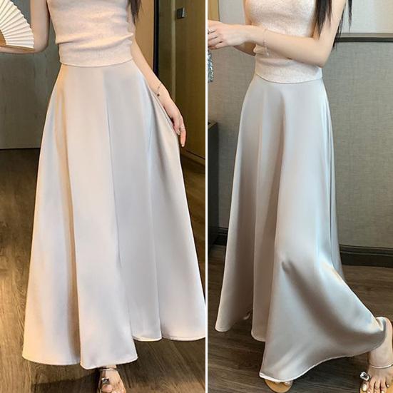 Women Fishtail Skirt High-Waisted Satin-Like Breathable Maxi Skirt Solid Color Office Skirt Work Leisure Daily Wear