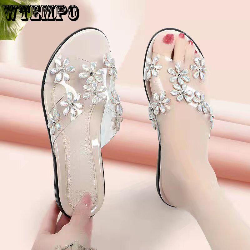 Женские сандалии, летние сандалии для мам, тапочки, нескользящая верхняя одежда, большие размеры, модные верхние тапочки со стразами и мягкой подошвой