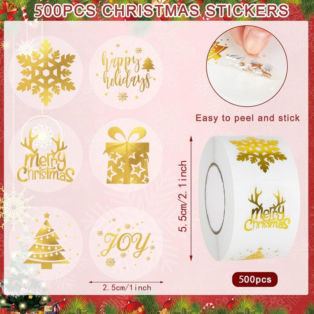 500 шт. Рождественские наклейки, этикетки, рулон, круглые рождественские бирки, золотая фольга, наклейки на конверты с Рождеством для открыток, подарков, украшений для рождественской вечеринки