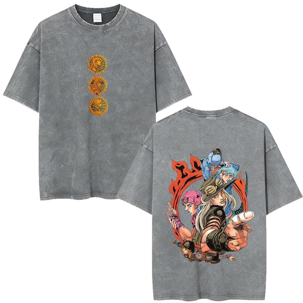 Аниме JoJo's Bizarre Adventure Манга Винтажная Кислотная Стирка Футболка Мужская Женская Повседневная С Коротким Рукавом Футболка Уличная Одежда