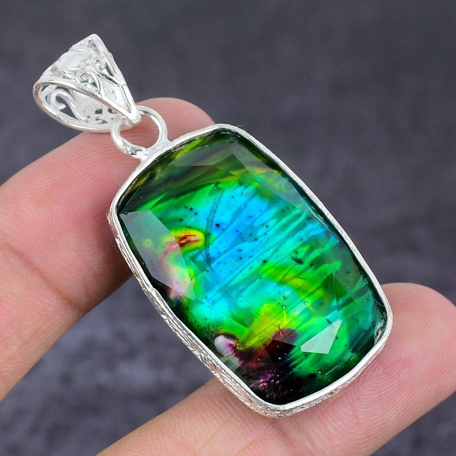 Natural Ammolite Gemstone 925 Sterling Silver Jewelry Pendant 2.17" i1B99