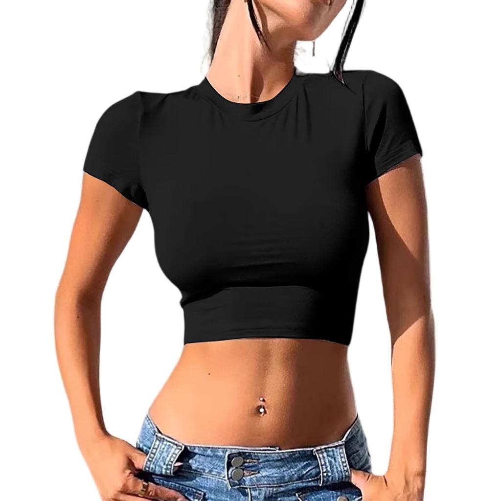 Женские укороченные топы милая футболка с круглым вырезом приталенного кроя модная футболка с коротким рукавом подходит для девочек-подростков