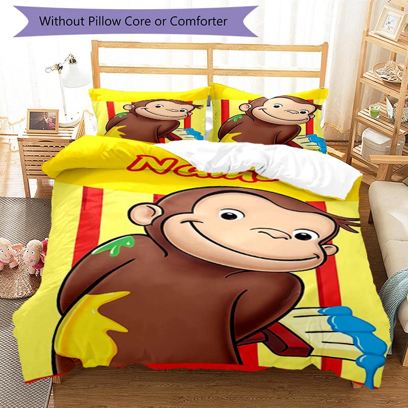 3pcs Custom Name Curious George Bedding Set Duvet Cover Closure Includes 1 Duvet Cover & 2 Pillowcases, Soft and Comfortable for All Seasons.
