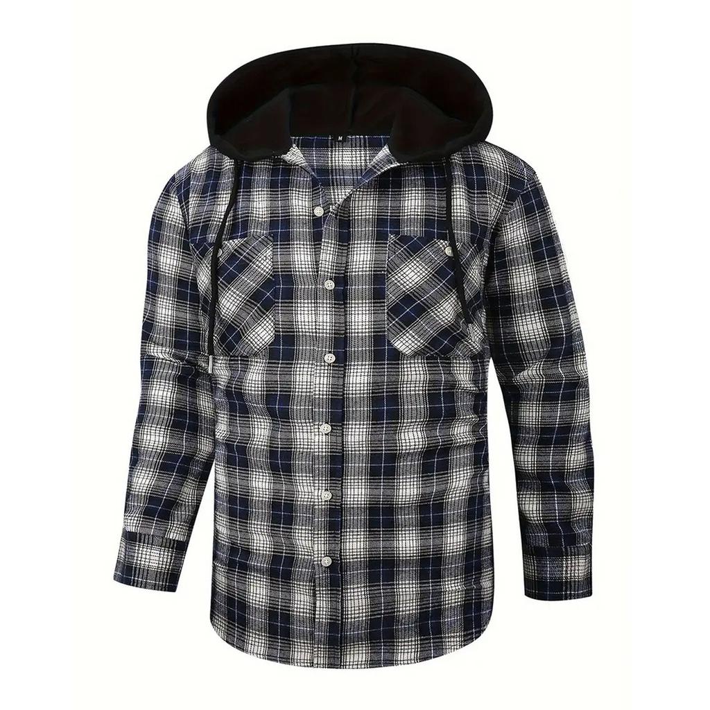Мужская клетчатая рубашка с длинным рукавом, мужская толстовка с капюшоном и карманами на пуговицах