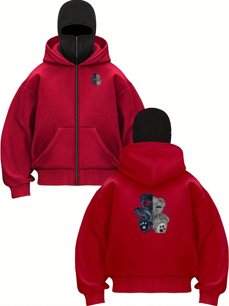 Autumn Men Gothic Harajuku Winter New Item Double Hooded Teddy Bear Printed Sweatshirt Men's Hooded Mask Zipper Sportswear