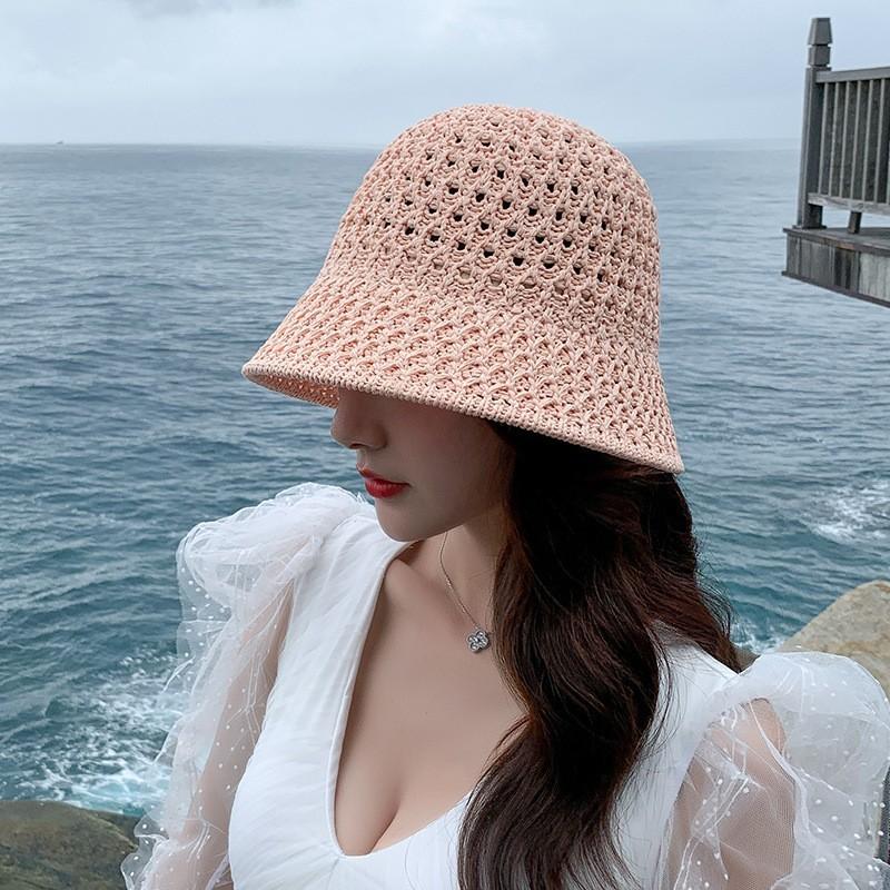 Hollow woven bucket hat spring and summer fashion knitted milliner versatile casual visor bucket hat beach basin hat
