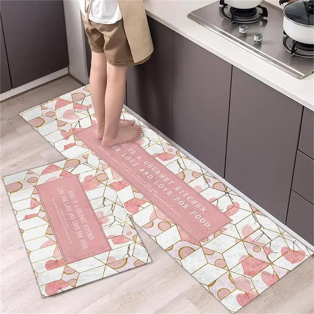 2 Pcs Kitchen Rug Set Non-Slip Oil Proof Washable Black White Diamond Print Floor Mats for Kitchen Sink Laundry Room