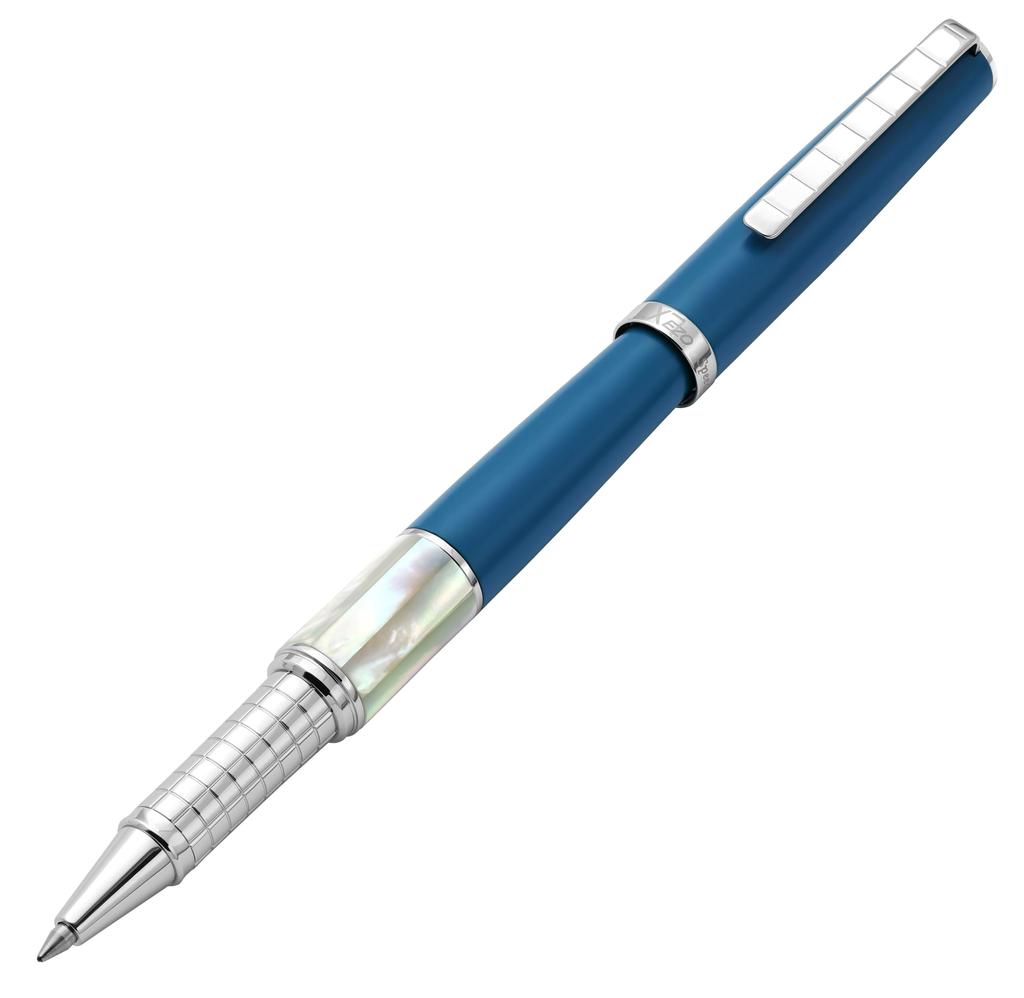 Xezo Speed Master rollerball Matte lapis lazuli blue with white Lightweight brass pen. mother-of-pearl accents. Chrome-plated. body.