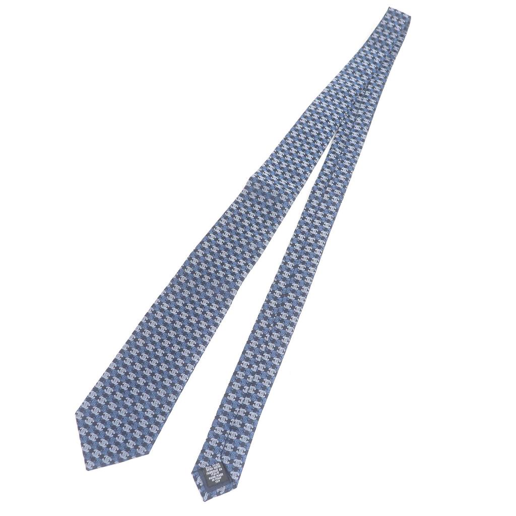 Отличный галстук CHANEL COCO Mark принт по всей поверхности широкий галстук Темно-синий шелк мужской Б/У