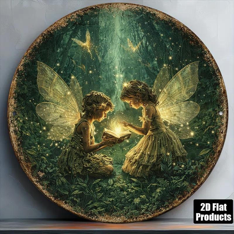D Flat pc InXCm D Flat Round Sign Retro Plaque about Fairy Magic Forest Elf Fairy Tale Decorative Sign Suita