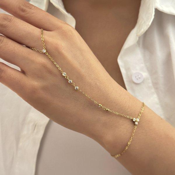 Fashion Shiny Zircon Teardrop Connected Finger Ring Bracelets for Women Crystal Tassel Link Chain Bracelet Party Jewelry