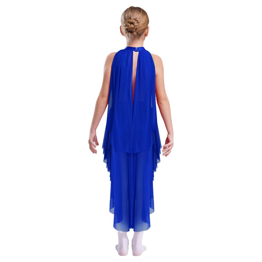 Girls Performance Leotard Sleeveless Cutout Back Design Hollow Out Lace Mesh Overlay Skirted Dance Costume