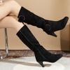 New Style Round Toe Pin Buckle Fashion High Heel Mid-calf Boots Comfortable Side Zipper Solid Color Simple Winter Women's Shoes