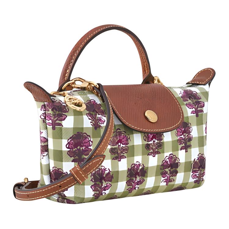 Longchamp Le Pliage Коллекция Классика Клетчатый Рисунок Холст Сумка-пельмень Мини Женская Сумка на Плечо Артишоково-Зеленый 34205HGGM04