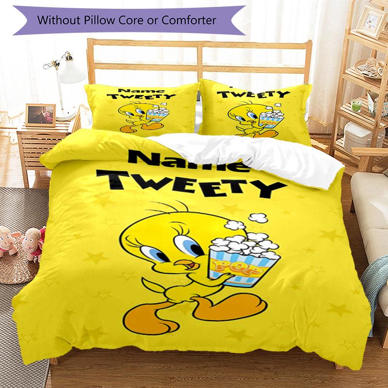 3pcs Custom Name Tweety Bird Bedding Set Duvet Cover Closure Includes 1 Duvet Cover & 2 Pillowcases, Soft and Comfortable for All Seasons.