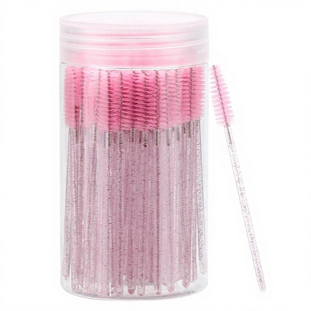 100 Pcs Disposable Mascara Wands & Crystal Eyebrow Spoolies Brush for Eyelash Extensions Pink Lash Brushes Container