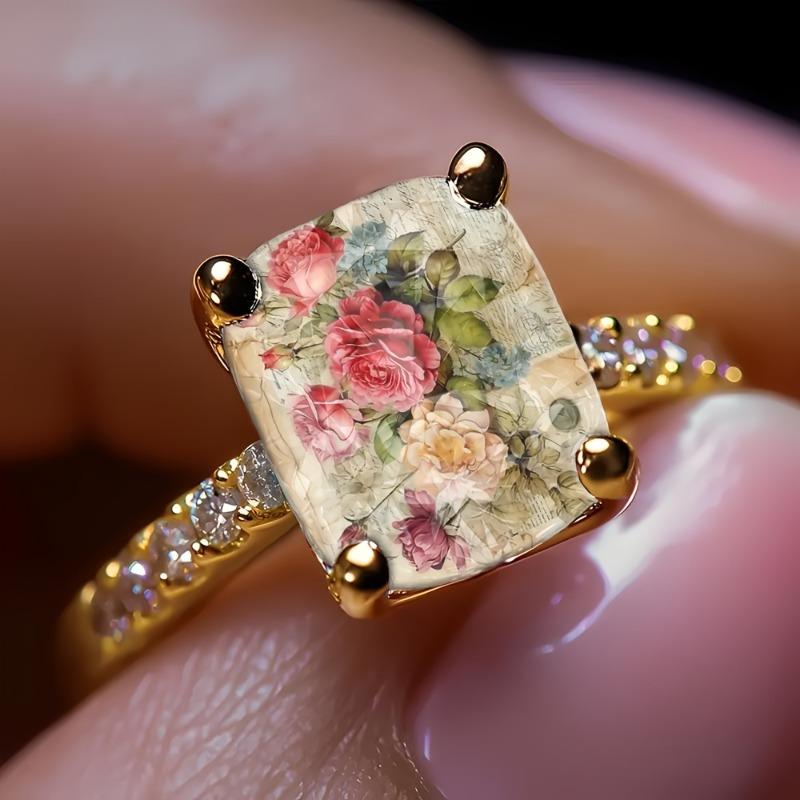 Vintage Rose Flower Pattern Rings for Women Gold Color Cubic Zirconia Ring Elegant Romantic Floral Statement Wedding JewelryGood product