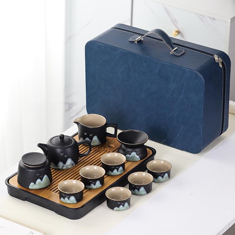 Чайник Чайные чашки 11 предметов Наборы Бамбуковый чайный поднос Японский/дорожный Керамический Расписанный вручную Чайный сервиз в подарочной коробке с подносом и коробкой для хранения
