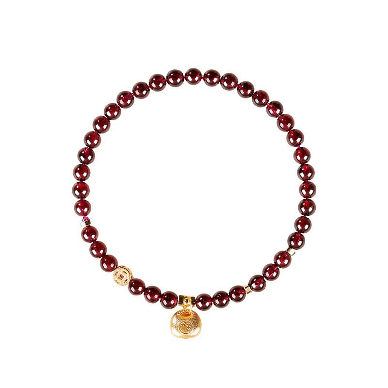 Natural Garnet Beaded Bracelet With Coin Charm Lucky Bag Pendant Boho Chic Womens Handmade Jewelry Gift