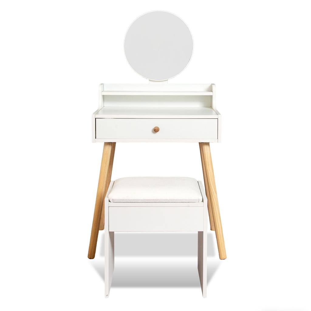 Tocador Maquillaje Espejo Redondo Nórdico Nyana Home | Cajón y Taburete | 60,5cm