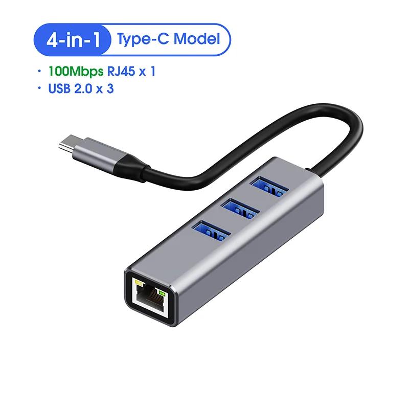 4-в-1 USB C ХАБ 3 порта USB 3.0 Разветвитель LAN RJ45 1000 Мбит/с Сетевой адаптер Гигабитный Ethernet Хаб Удлинитель для ПК Mac Windows