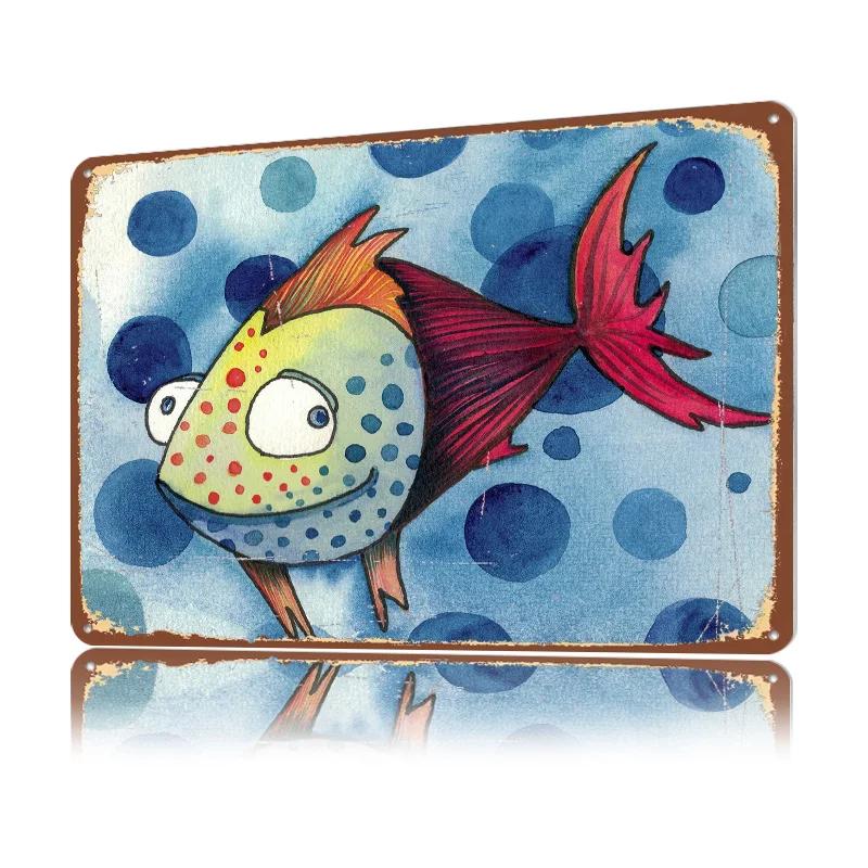 Crazy Fish Personalized D Textured Metal Poster Wall Art Tinplate Sign for Bathroom Decor Room Wand Deko Bedroom Decoration