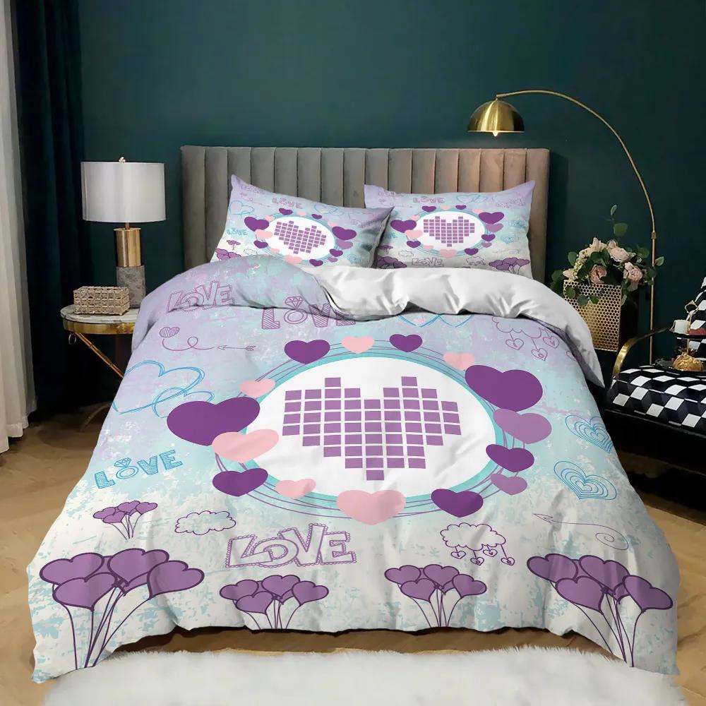 Comforter Love Heart Red Purple Rose Flower Bedding Set Comforter Valentine'S Day Present Couple Lover Bedroom