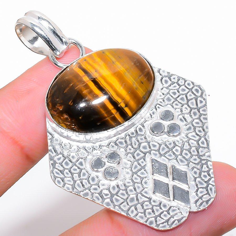 Tiger Eye Gemstone Handmade 925 Sterling Silver Jewelry Pendant 2.25"