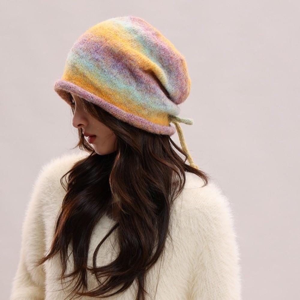 Gradient Color Knitted Stacked Hat Loose Pile Cap Personality Brimless Beanie Cap  Outdoor