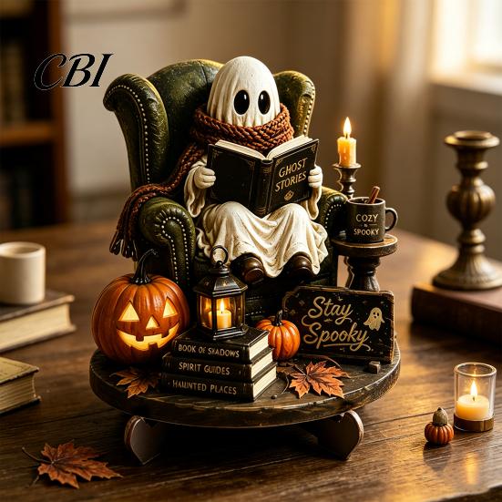 Cute Ghost Figurine Halloween Reading Figurine, Wooden Desktop Ornaments, Vintage Fall Fireplace Decorations Statue with Stand for Home Tabletop Shelf
