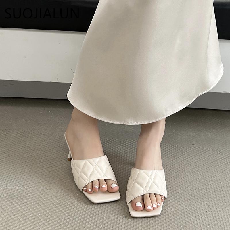 Fashion SUOJIALUN 2025 Summer New Women Slipper Fashion Square Toe Slip On Ladies Elegant Sandal Square High Heel Dress Slides Shoes