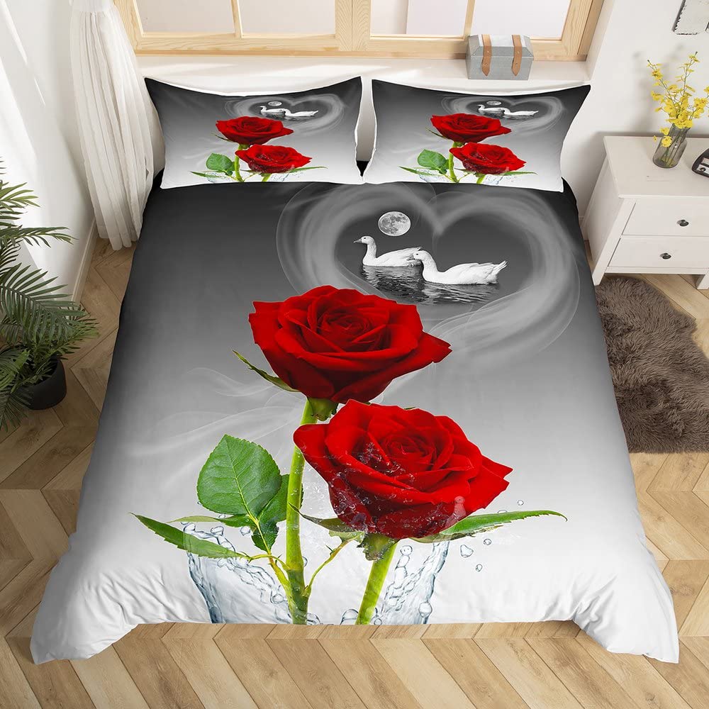 Romantic Swan Duvet Cover Set King Wild Animal Comforter Cover Butterfly Floral Bedding Set For Valentine's Day Wedding Decor
