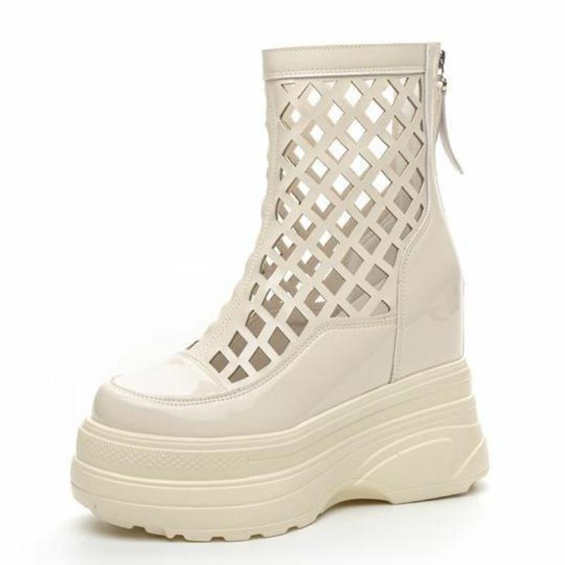 Fashion 11cm Hollow Patent Leather New Summer Breathable Wedge Platform Wedge ZIP Fashion Sandals Casual Knee High Ankle Boots Shoes 204