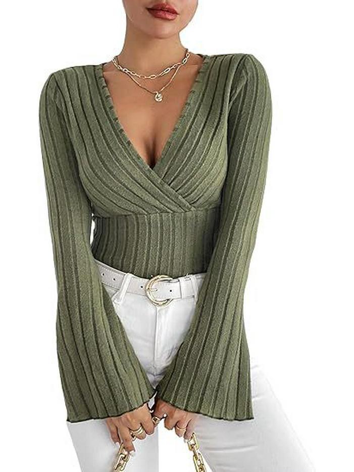 Женская футболка с V-образным вырезом, ребристая, с длинным рукавом, осенне-зимняя