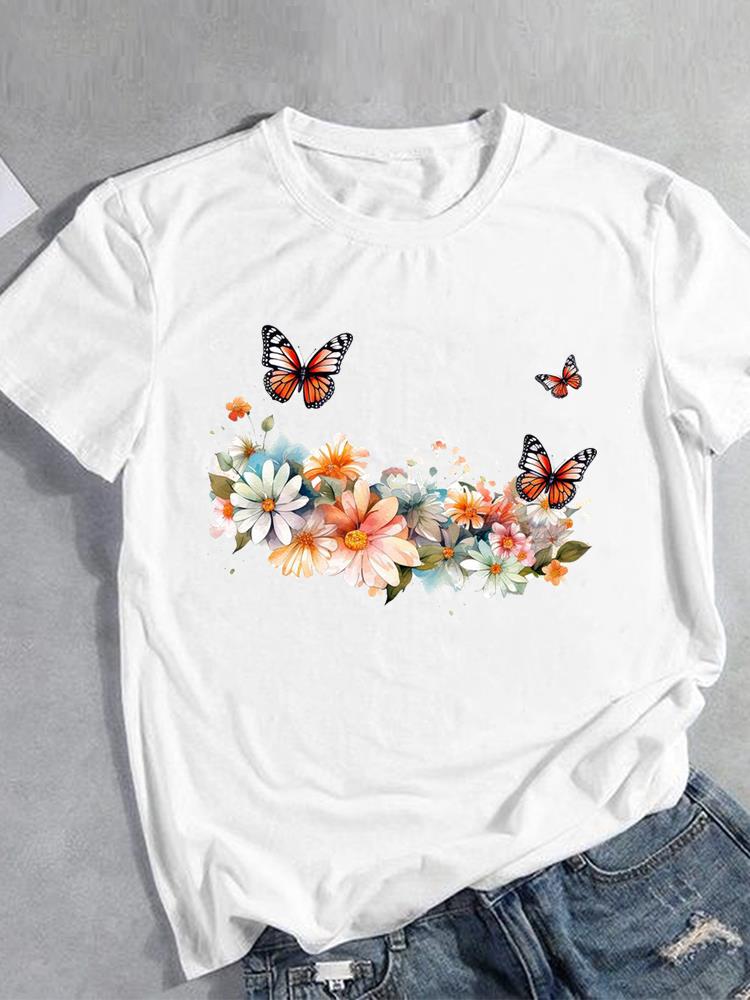 Unisex Flower Style Trend 90s Short Sleeve Fashion Print Lady Tee Top Clothing Casual  Tshirt FeUnisex Graphic T-shirts