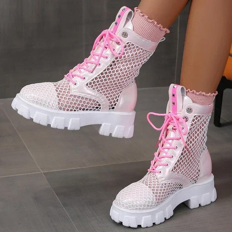 New Thick Sole Pink Boots Woman Plus Size 43 Breathable Mesh Chunky Platform Ankle Boots Women Shoes Botas De Mujer 2024
