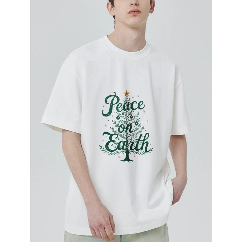Black T Shirt Peace on Earth Christmas Tree Design Holiday Season Wear