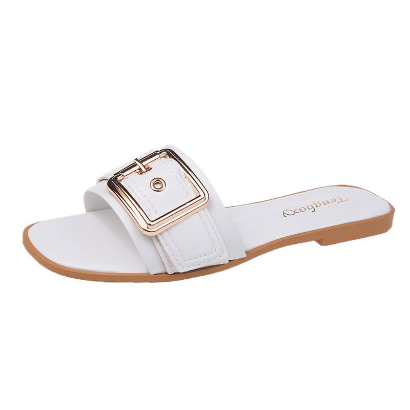 Slippers Women's Summer Is Good To Wear Square Buckles, One-word Drag Women's Flat-bottomed Sandals Are Fashionable and Casual
