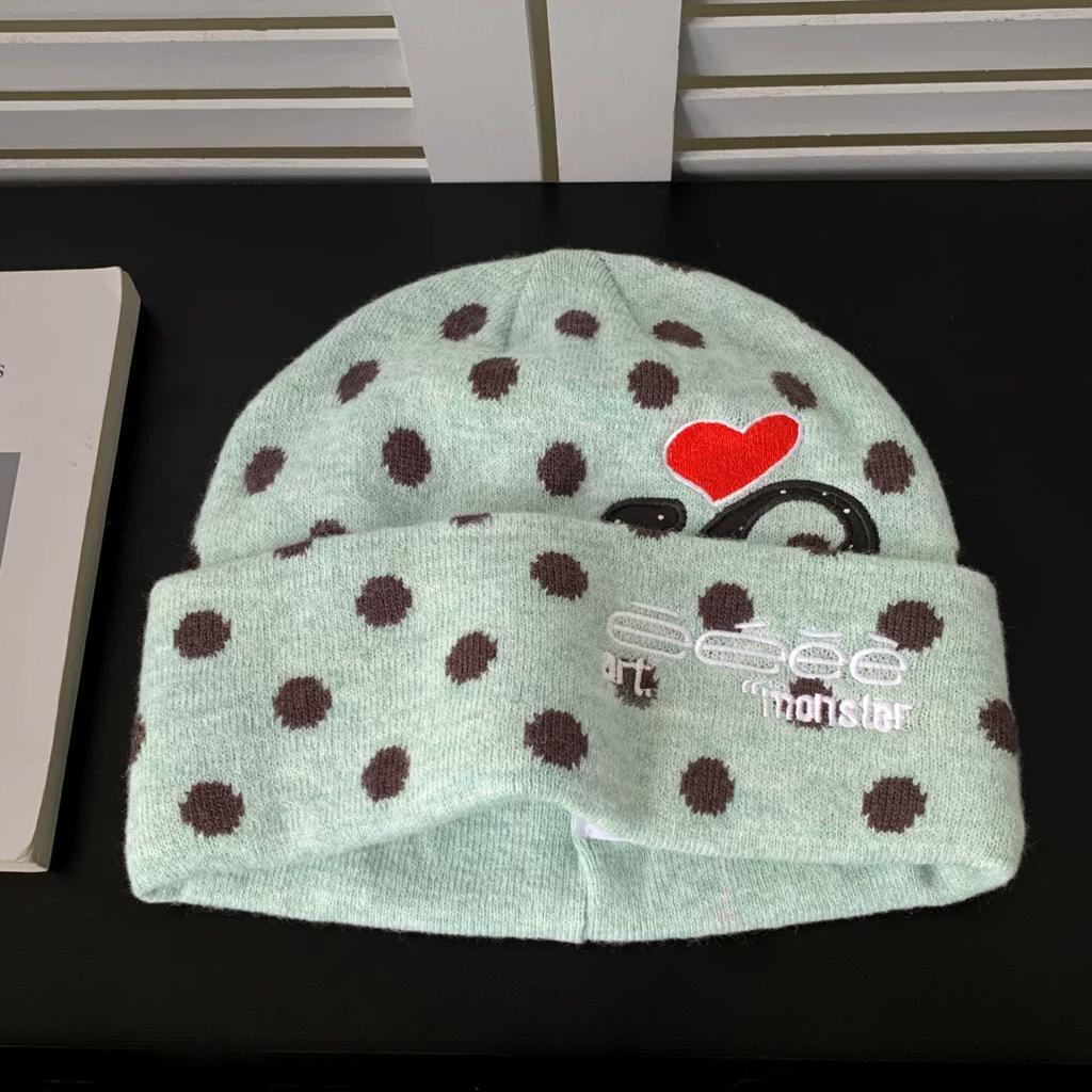 Polka dot love letter embroidery knitted hat women's autumn and winter versatile warm bag head hat showing face small cold hat