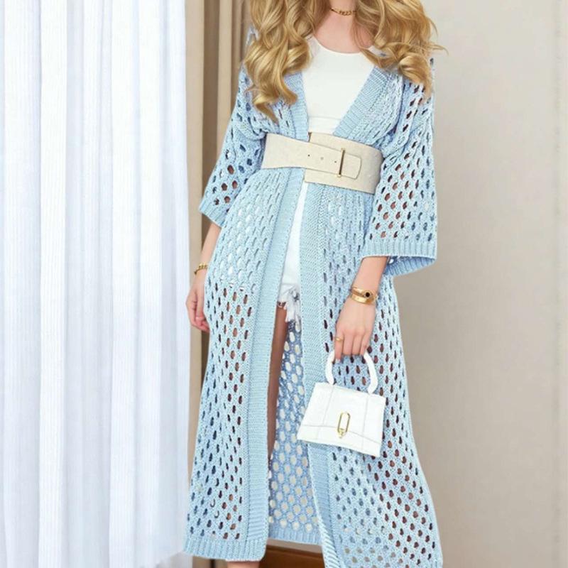 2025 cross-border bikini summer new cardigan skirt women's fashion and sexy simple knitted grid hollow beach