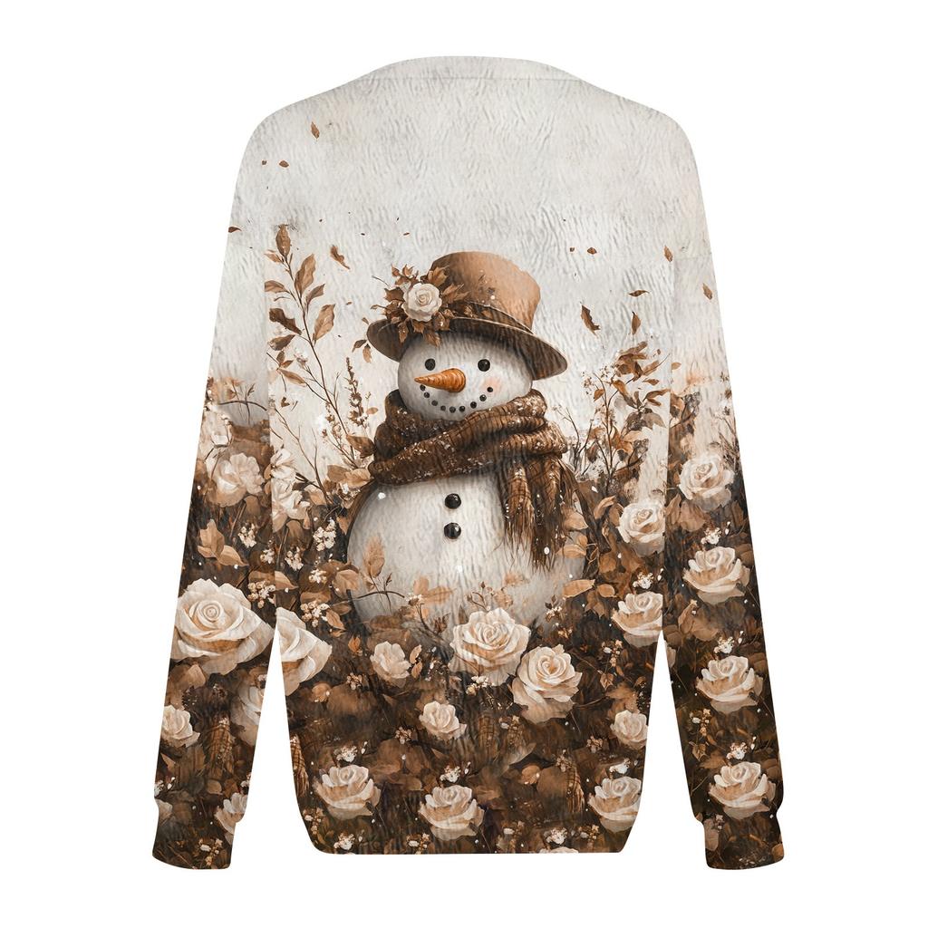 Women's Fashion Round Neck Pullover Top Long Sleeve Tee Christmas Printed Sweatshirt