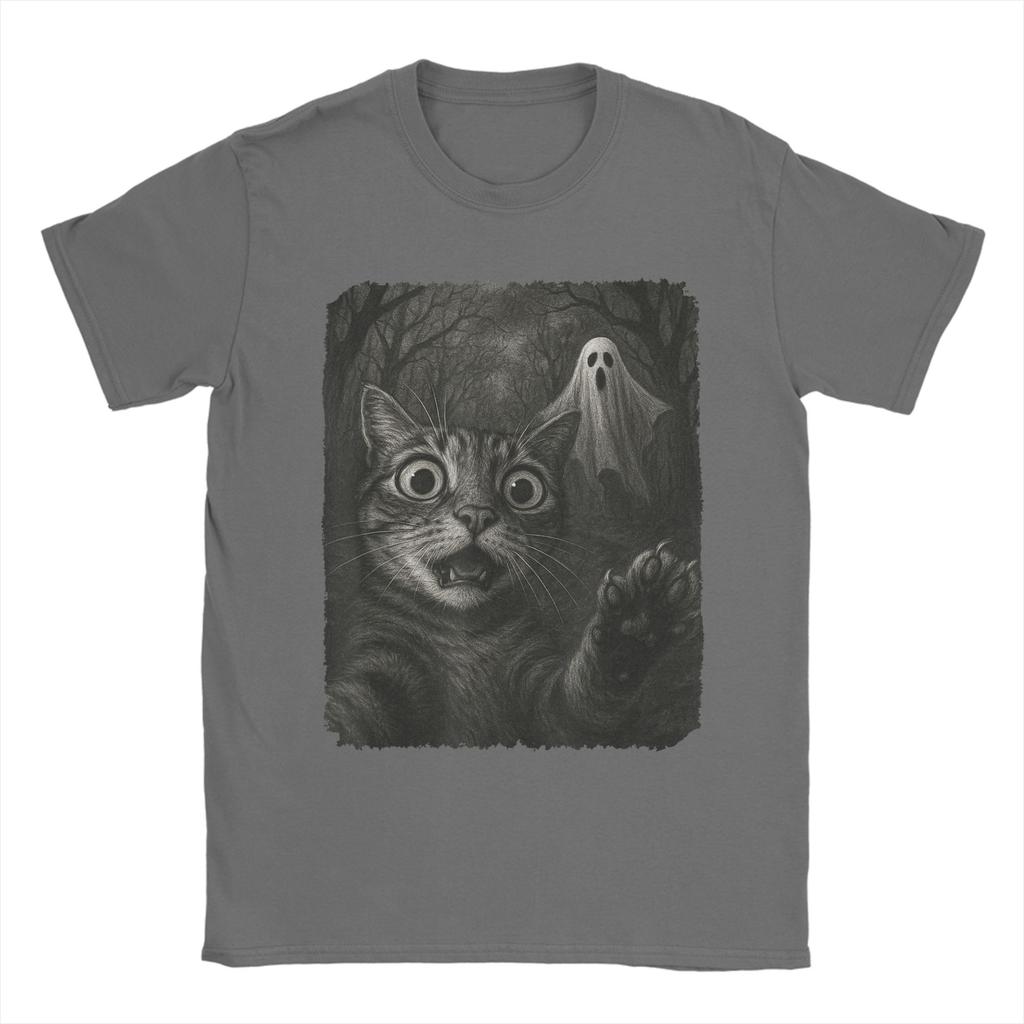 Men T-Shirt Cat Selfie with Spooky Ghost Funny 100% Cotton Tee Short Sleeve Funny Halloween T Shirts Round Neck Clothes Graphic
