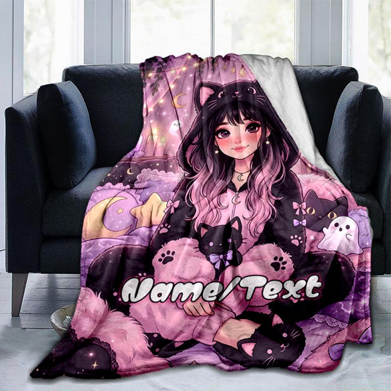 1PC Custom Name Moonlit Cat Dreams outdooor Flannel blankets Throw Blanket All-Season Throw Gift Bedspread for Couch, Bed, Camping Holiday Birthday gi